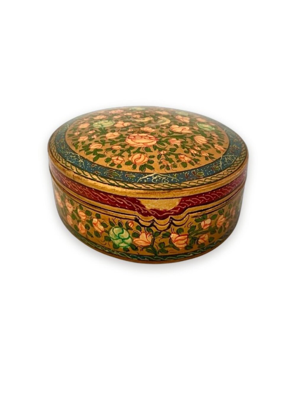 Trinket Box Papier Mache Botanical Design Hand Made Vintage Kashmiri Decor